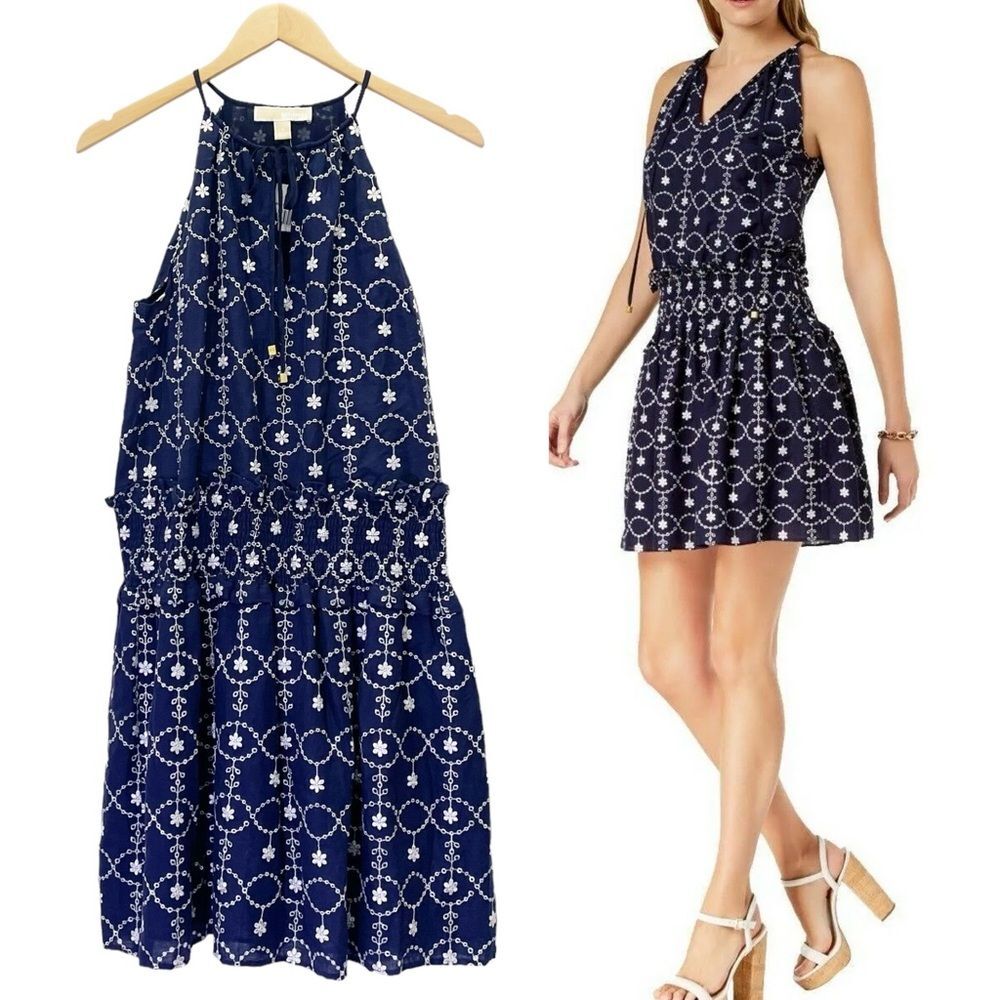 NWT Michael Kors Navy & White Floral Embroidered Halter Dress Size Small NEW